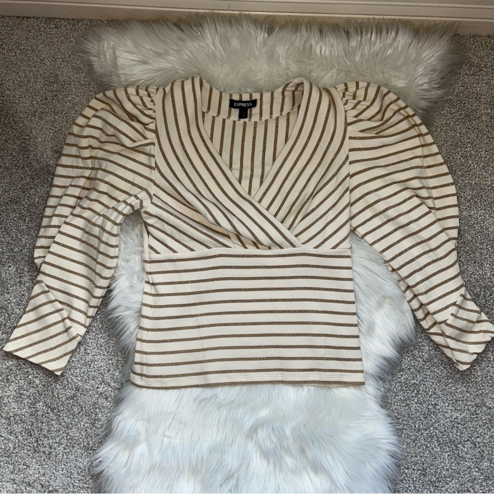 Express Cream Wrap Blouse with 3/4 Puffed Sleeves